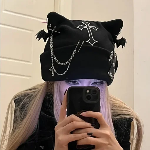 Gótico Grunge Oreja Gato Murciélago Ala Negro Gorro