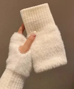 Guantes cálidos de invierno sin dedos de felpa blanca lisa