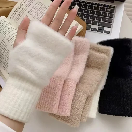 Guantes de lujo sin dedos de felpa tejida de piel sintética nueva