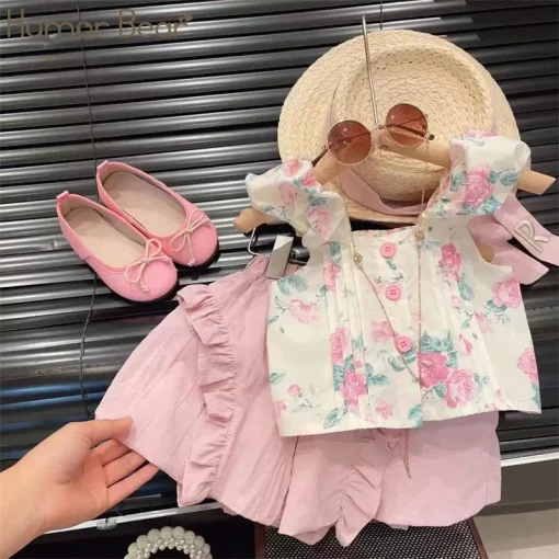 Humor Bear Vestido corto de verano con tirantes y encaje para niña, conjunto de 2 piezas, 2-6 años