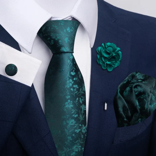 Juego de corbata, pañuelo y pin de alta calidad de 8 cm, corbata verde floral para hombre, boda de seda, accesorios de fiesta formal