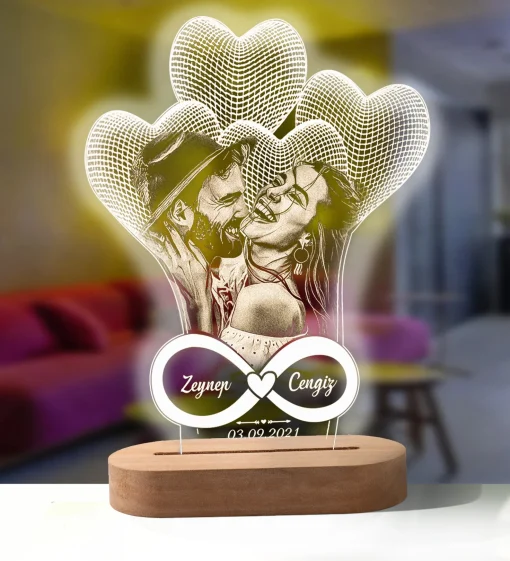 Lámpara 3D de foto personalizada con base de madera grabada y texto