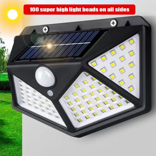 Lámpara solar LED con detector, 4 lados, 100 LED