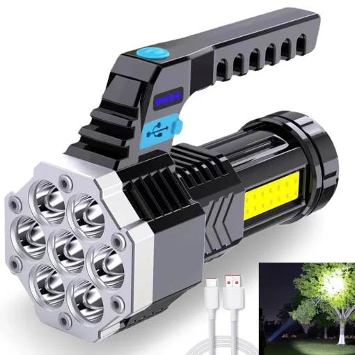 Linterna LED potente, recargable USB, portátil, exterior, batería integrada, COB, 7 LED