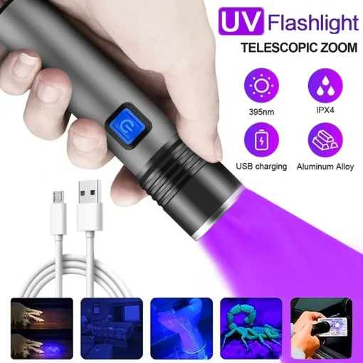 Linterna UV de 395nm, recargable por USB