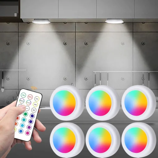 Luces LED RGB de hasta 50 caract. debajo del gabinete, batería inalámbrica, control remoto, regulables, armario, lámpara de noche, para dormitorio, cocina