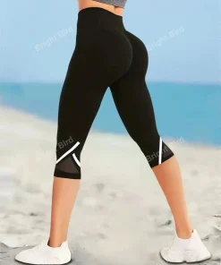 Mallas capri de yoga de tiro alto de malla para mujer