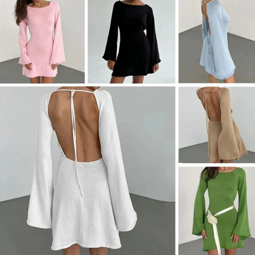 Nuevo vestido sexy sin espalda, cuello redondo, trajes de baño tricotados de color liso, elegante manga de cuerno, traje de baño de playa, vestido envolvente de vacaciones para mujer