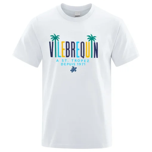 Nueva camiseta de cuello redondo para verano suelta, informal y cómoda de la marca de moda Vilebrequin con estampado de letras para hombre y manga corta.