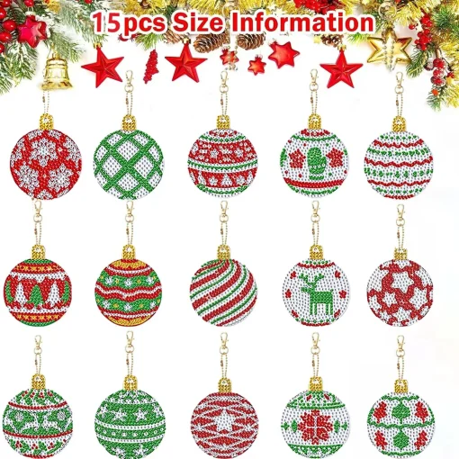 Ornamentos navideños de bola de pintura de diamante doble cara de 15 piezas