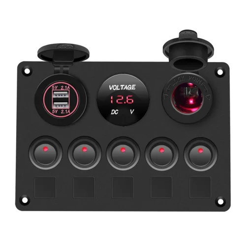 Panel de interruptores para barco, panel de interruptores para coche, voltímetro digital a prueba de agua, doble puerto USB, enchufe de 12 V, combinación marina LED Rocker 5 Gang