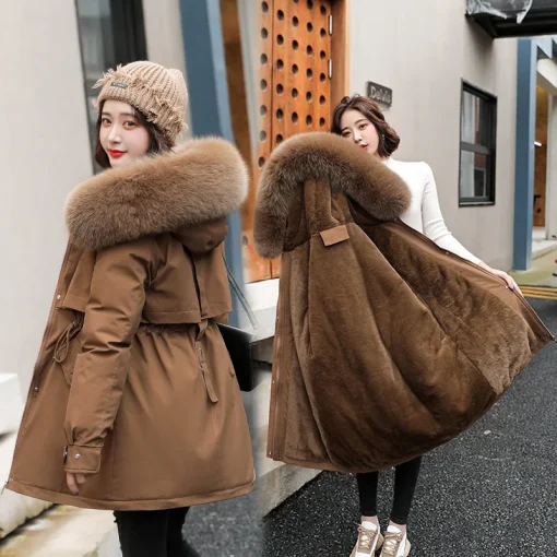 Parka larga de moda para mujer, abrigo largo con forro de lana, parkas con capucha, 2023, chaqueta de invierno nueva, ajustada con cuello de piel, ropa acolchada cálida para nieve