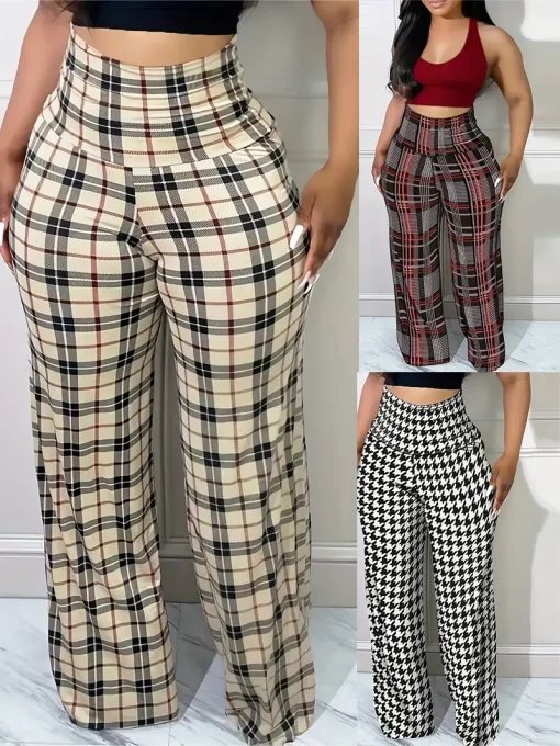 Pantalones anchos a cuadros de cintura alta para mujer, primavera, verano