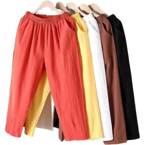 Pantalones de lino de algodón de verano casuales holgados para mujer