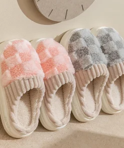 Pantuflas de invierno gruesas de algodón a cuadros