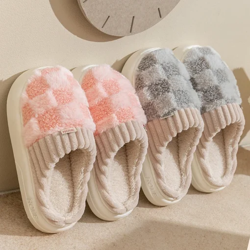 Pantuflas de invierno gruesas de algodón a cuadros