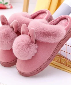 Pantuflas de piel para mujer con orejas de conejo