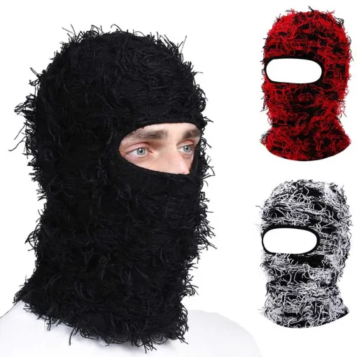 Pasamontañas de punto con efecto desgastado para hombre, mujer, gorro, calavera, camuflaje, invierno, gorro cálido, a prueba de viento