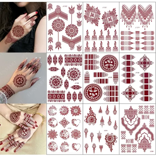 Pegatinas de tatuajes de henna burdeos