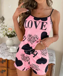 Pijama de Verano Estampado de Corazón para Mujer