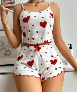 Pijama de verano para mujer, estampado de corazón