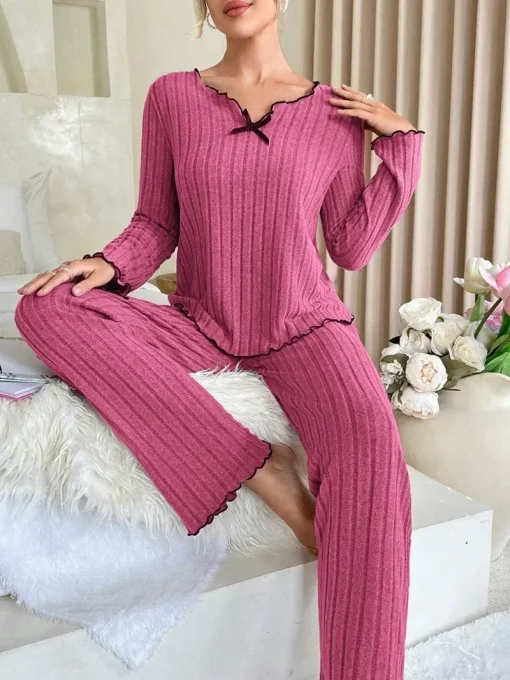 Pijamas acanalados otoño-invierno para mujer, conjunto de 2 piezas