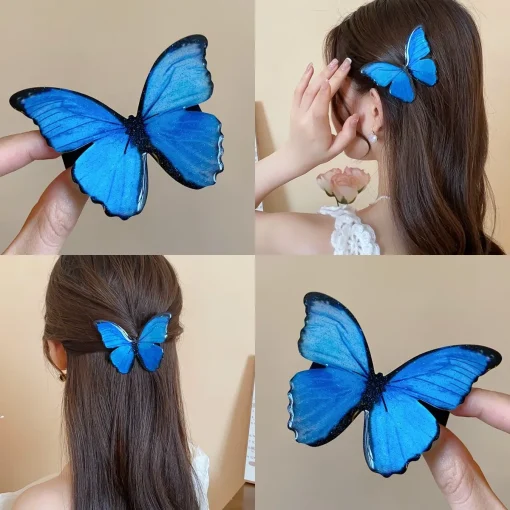 Pinzas para el pelo con forma de pato de mariposa azul oscuro brillante