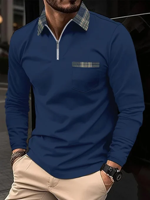 Polo con cremallera y cuello de solapa para hombre primavera-otoño