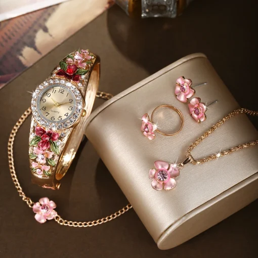 Pulsera Reloj Joyería de Aleación para Mujer 3D Flor Estilo Palacio Coreano 6pzas