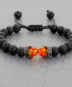 Pulsera ajustable hecha a mano con corona de piedra de lava negra, cuentas de ojo de tigre