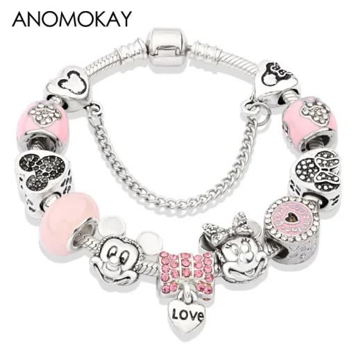 Pulsera con dije de cristal rosa lindo de Mickey y Minnie