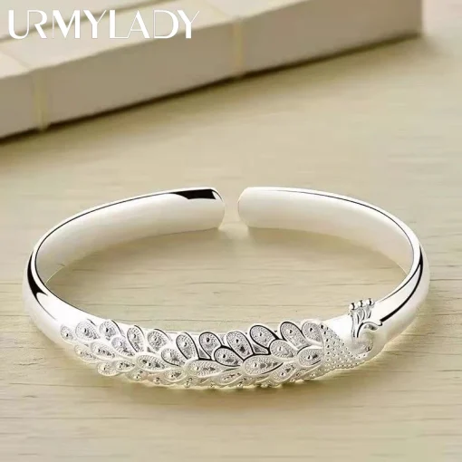 Pulsera de pantalla abierta de pavo real en plata de ley 925