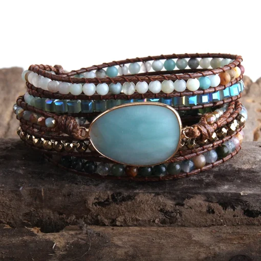 Pulseras bohemias de moda con cuentas, 5 hebras de piedras naturales y cristal