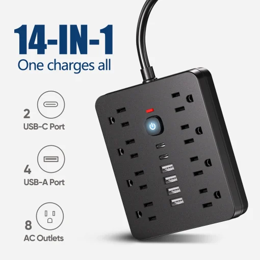 Regla Multicontacto 14 en 1 con 8 puertos CA, 4 USB y 2 Tipo-C