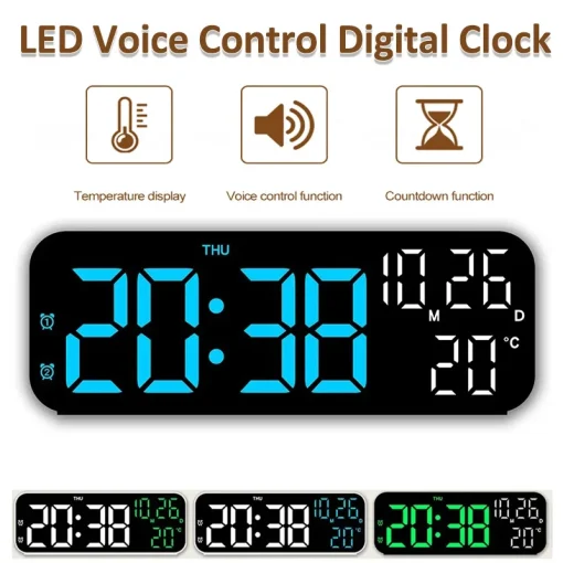 Reloj de Escritorio LED Digital con Temperatura, Fecha, Semana, Ajuste de Brillo, Control por Voz y Alarma con Cuenta Regresiva