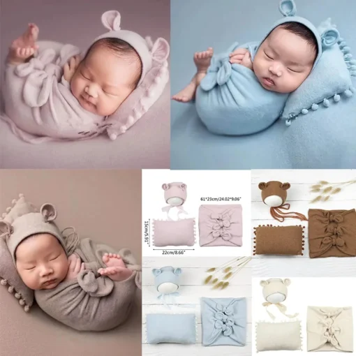 Ropa para sesión de fotos infantil con gorro de ratón+saquitos elásticos+almohada para posar