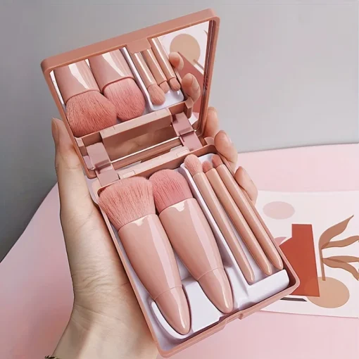 Set de brochas de maquillaje portátil de 5 piezas con espejo