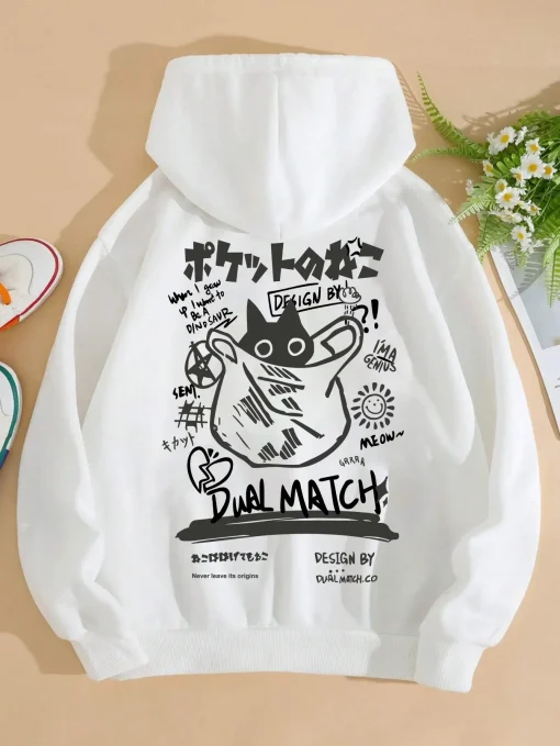 Sudadera con capucha de impresión de dibujos animados de gato lindo