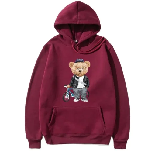 Sudadera con capucha roja vino suelta, con estampado de oso