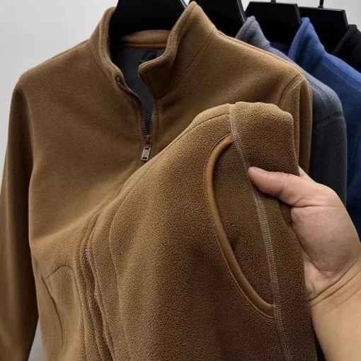 Sudaderas de lana polar de otoño, chaquetas con cremallera de cuello alzado para hombre