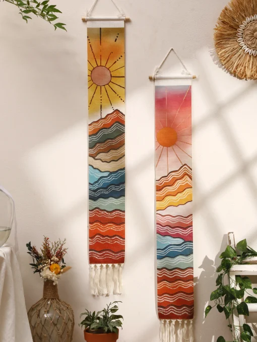 Tapicerías de pared de macramé montaña y amaneceratardecer