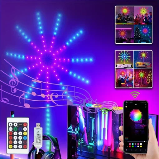 Tira de luz LED USB Colorida Luz de fuegos artificiales LED Decoración RGBIC Luz de ambiente Con Bluetooth Control de voz Ajuste de tiempo Barra de música R