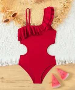 Traje de baño retro rojo para niñas de 5 a 14 años