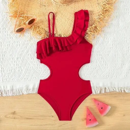 Traje de baño retro rojo para niñas de 5 a 14 años