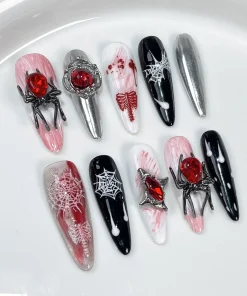 Uñas postizas de Halloween rojas araña