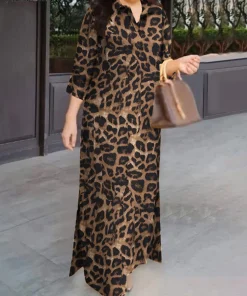 Vestido camisero con estampado de leopardo y manga 34 ZANZEA