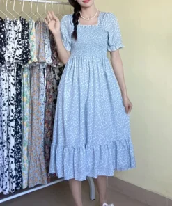 Vestido de gasa con cintura elástica y manga corta