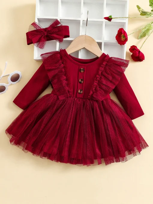 Vestido de malla con volantes y manga larga y voladora y pañuelo para la cabeza con lazo para bebé niña