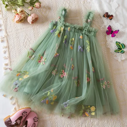 Vestido de malla de verano para niña con bordado de flores