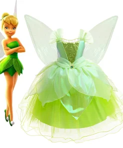 Vestido de tutú de Campanilla de Disney para niños, disfraz de hada, alas de duende, disfraz de lujo de duende para niños, regalo, tela de Halloween